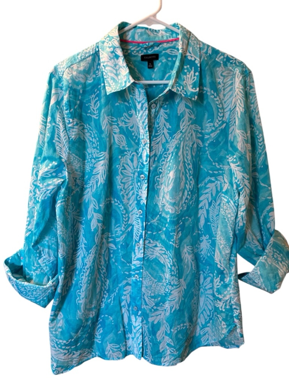 Talbots womens Turquoise White Printed Button-Up Shirt size XL